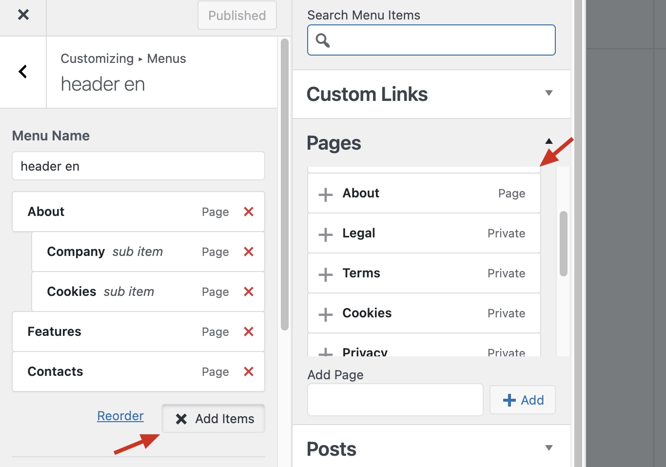 Редактирование меню