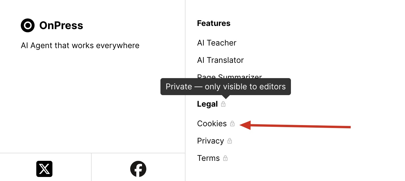 Приватные страницы в меню